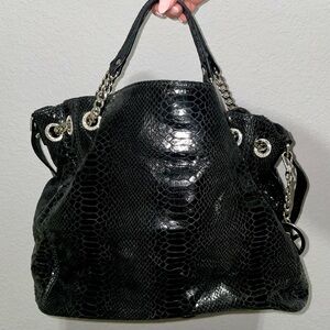 Michael Kors Black Croc-Embossed Tote Bag with Chain Detail